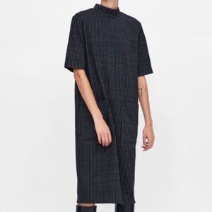 EUC Women's ZARA Mock Neck Midi Shift Dress Charcoal/White‎ Pinstripe | Size S